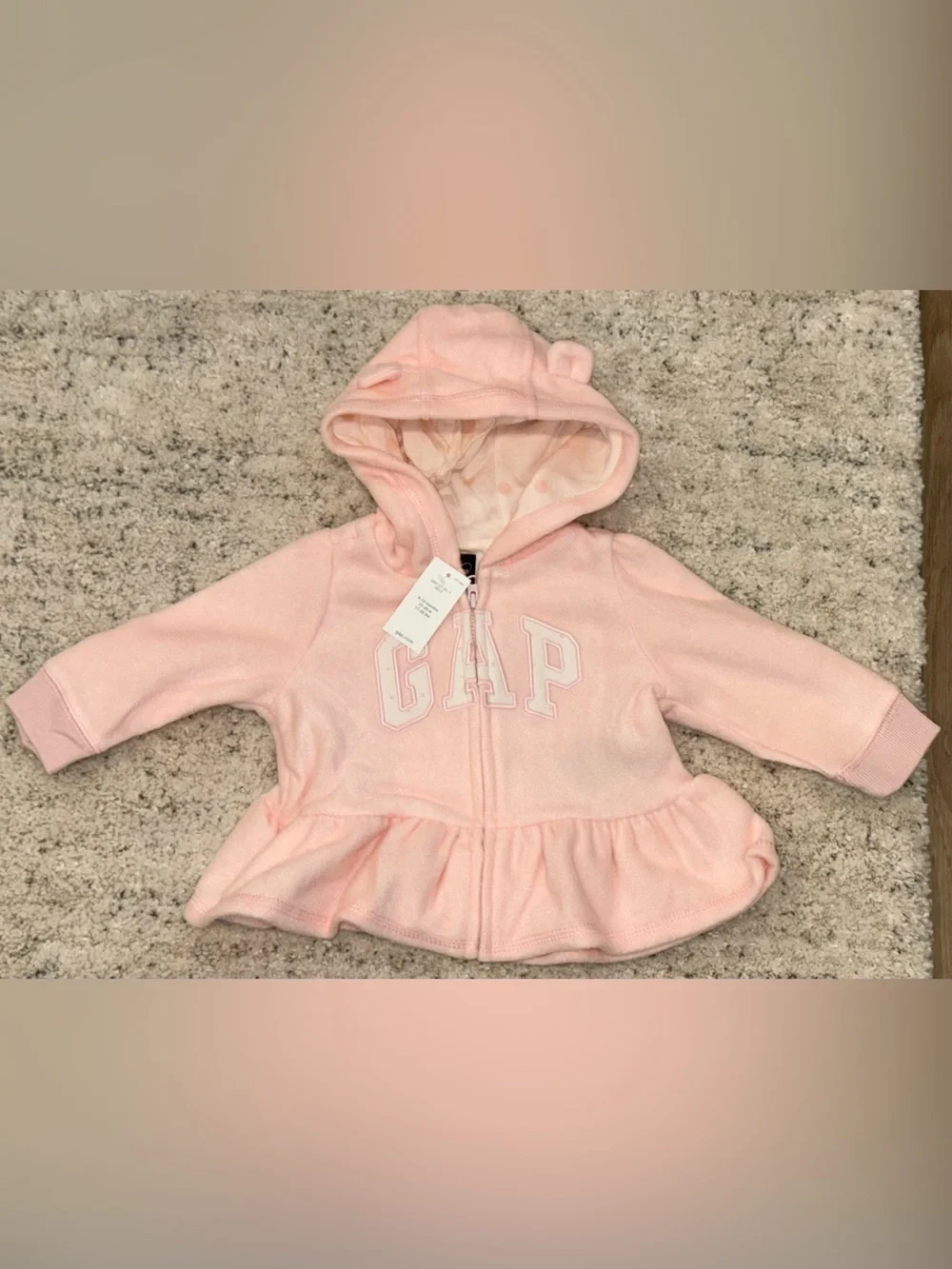 NWT Baby Gap Girls Pink Peplum Hoodie Jacket 6-12 Months Fleece Zip Front